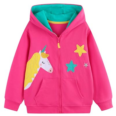 Tokeya Zip Up Hoodie Girls Cotton Long Sleeve Jumper Casual Kids Clothes Cute Rainbow Horse Hooded Jacket Soft Cozy Breathable Sweatshirt Tops with Pockets Girl Clothing Age 7-8 Years, Rose Red