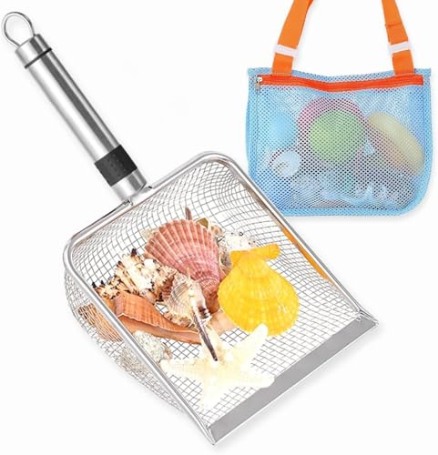 4 PCS Beach Mesh Shovel with Mesh Beach Bag for Shells Collecting and Filter Sand, Large Stainless Steel Sand Scooper for Picking Up Fossils, Big Shark Tooth Sifter Dipper Sand Toy for Kids and Adults