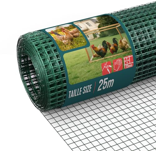 VOUNOT® PVC Coated Welded Wire Mesh Roll 1 x 25m, 13mm Mesh, 0.8mm Wire Thickness, Metal Garden Fencing for Small Animals, Poultry, Chicken Coop, Green