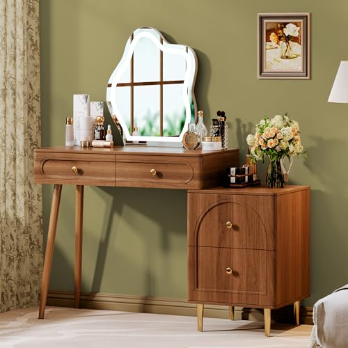 Chrangmay Walnut Stylish Corner Makeup Vanity Table,Vanity Desk with Lighted Mirror and 4 Spacious Drawers,Bedroom Essential Dressing Table with Nightstand,Modern Minimalist Writing Desk for Girls