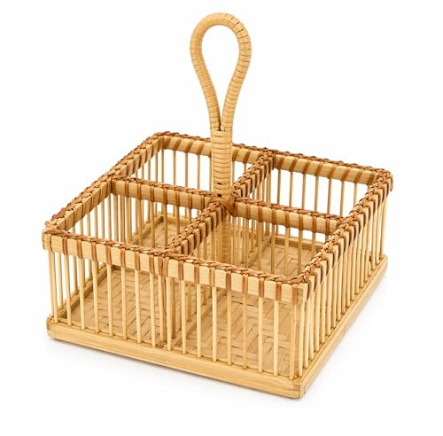 VR ANGEL Rattan Cutlery and Condiment Organiser Caddy with Handle 4 Compartment Kitchen Storage Basket Wooden Tabletop Holder for Utensils Dining Table BBQ Picnic Use Square