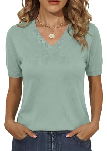 Totatuit Pull Femme Manches Courtes Col V Top Tricoté Coupe Cintrée Haut | Style Élégant, Tenue Quotidienne, Facile à Associer, Style Polyvalent