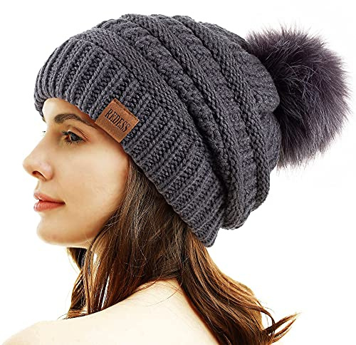 REDESS Cappello Invernale da Donna con Pom Pom Beanie Caldo Foderato in Pile Spesso Slouchy Snow Knit Chunky Baggy Skull Berretto da Sci