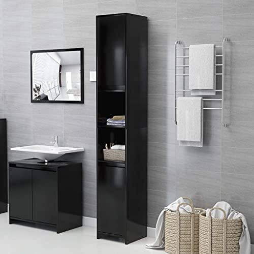 Mobile Alto per Il Bagno Armadio a Colonna, Modern Tower Con 6 Scomparti e 2 Ante, Nera, 30x30x183,5 cm