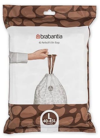 Brabantia 138645 PerfectFit Bin Liners (Size L/40-45 Litre) Thick Plastic Trash Bags with Tie Tape Drawstring Handles (40 Bags), White