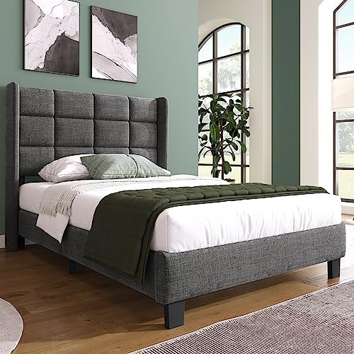 Merax Polsterbett 90x200 mit Lattenrost Rückenlehne,Hautfreundliche Leinenmaterial, Grau, Bett Einzelbett Jugendbett(Ohne Matratze), Legierter Stahl, 90 X 200 cm