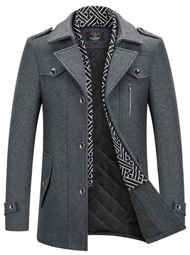 KUDMOL Herren Wintermantel Wolle Kurzmantel Stehkragen Wollmantel Mittellang für Business Freizeit Peacoat(Grau,XL)