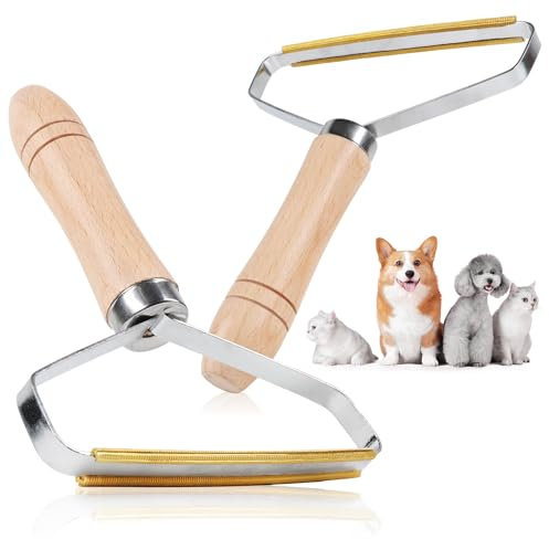 com-four® 2X Tierhaarentferner - Reinigungsbürsten mit Holz-Griff - Hunde- und Katzenhaarentferner für Teppiche, Autositze, robuste Textilien - Tierhaarrakel (2 Stück - silberfarben/beige/goldfarben)