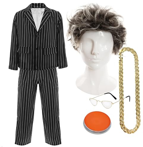 Adults Antique Dealer Costume - Medium - Pinstripe Suit, Grey Wig, Half-Moon Glasses, Gold Necklace, Orange Facepaint - Adults TV Presenter Fancy Dress Costume