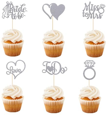 12Pcs Cupcake Toppers, Silver Cake Toppers with Diamond Ring Bride, 3D Heart Wedding Dress Cupcake Topper for Bridal Shower Wedding Engagement Bachelorette Party Cake Decorations