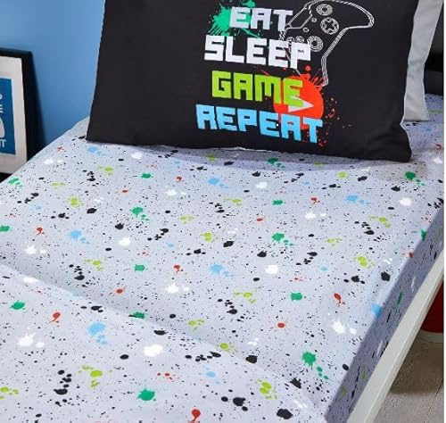 Bedlam - Grey Bed Sheet with Paint Splatter - Single Fitted Sheet (190 x 90 x 28cm) - Bed Sheet for Boys - Gaming Bedding - Gaming Bedroom Accessories - Matching Duvet Cover Available