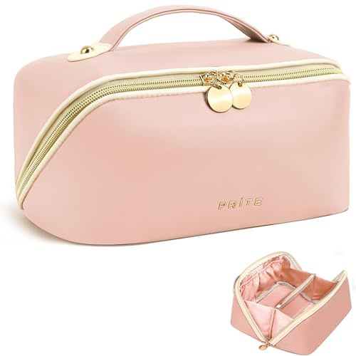Prite Makeup Bag for Women Travel Waterproof Vegan Leather Cosmetic Bag Open Flat Toiletry Bag With Clear Divider and Handle (Pink, Medium)