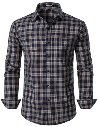 JEMITOP Men's Transitional Weather Long Sleeve Slim Fit Button Down Shirts Business Casual Button up Plaid Dress Shirt Navy Tan Gingham L