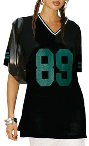 Jersey Shirts for Women Y2k Oversized Number Graphic Tee T-Shirt V Neck Short Sleeve Sport Casual Tops Streetwear (B-Black, L)