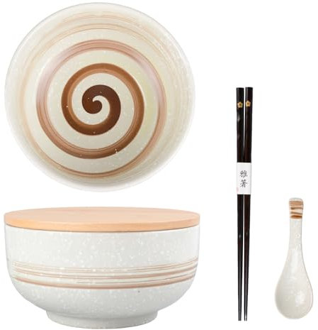 Henrrida Japanese Noodle Crockery Set 1500ml,Large Ceramics Ramen Bowls with Lid Noodle Bowl with Chopsticks and Spoon,Italian Pasta Soup, Salad Bowl