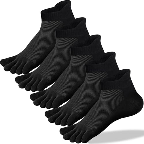 QUPOLPOL 5-Paia Calzini Sportivi Uomo – Calze Corti con Dita Separate in Cotone Traspirante, Ideali per Corsa, Fitness, Calcio, Basket, Cycling e Lavoro, EU 39-45 (Nero)