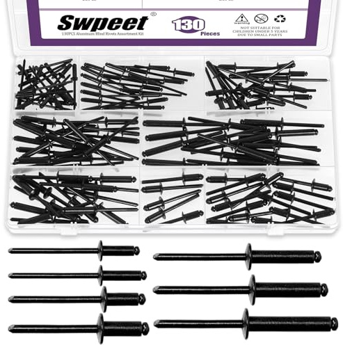 Swpeet 130pcs 7 tailles rivets aveugles en aluminium à bride noire grande Kit d'assortiment, Rivets pop aveugles en aluminium avec poignée en aluminium et tige en acier rivets aveugles pour métal