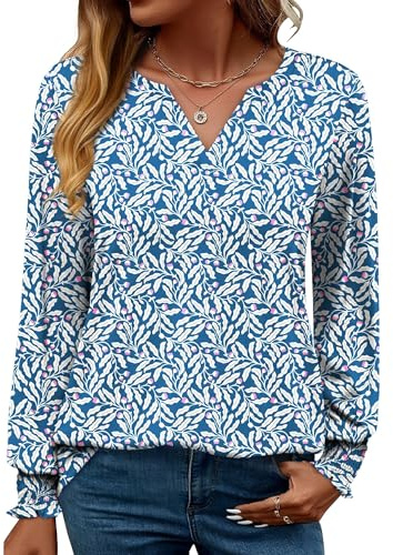Rapbin Blusas de manga larga con cuello en V para mujer, estilo casual, estilo túnica para mujer, elegantes camisas de negocios 2025, M