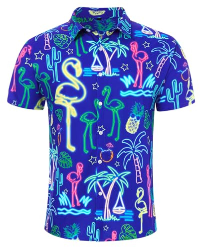 ALISISTER Chemise hawaïenne pour Homme, Motif Flamant Rose Fluo 3D Amusant, Manches Courtes, Style Tropical, boutonnée, été, Taille XL