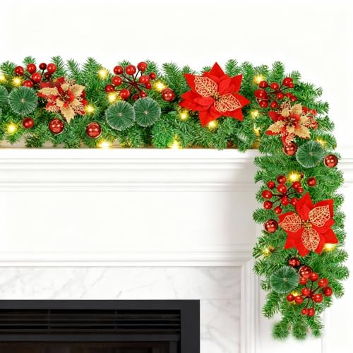 Ghirlanda Natalizia Rossa con Luci LED, 2,7M Ghirlanda Illuminata, Ghirlanda Natalizia con fiori e palline, palline di Natale, finestre, camino, scale, cortili, interni ed esterni