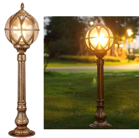 YVAMNAD Luminaria De Exterior para Caminos, Moderna Farola De 31,5 Pulgadas, Impermeable, Bolardo De Bronce E26 con Luces De Pasarela De Vidrio Ámbar para Césped, Patio, Jardín.