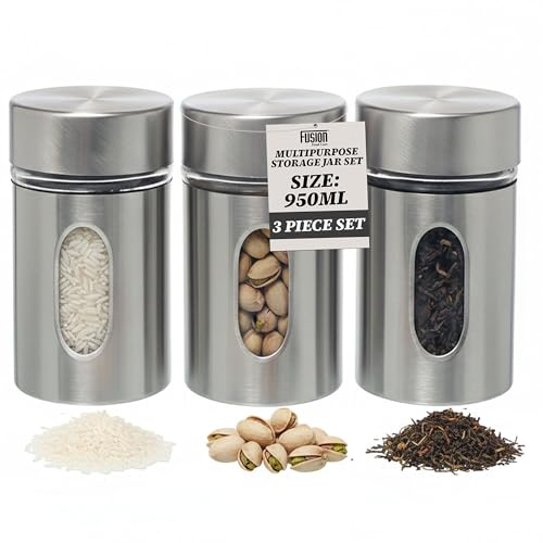 Kitchen Storage Canisters Set - 3x 950ml Tea Coffee and Sugar Canisters with Airtight Screw Top Lid - Kitchen Food Container Organizer with Transparent Window for Tea, Nuts & More