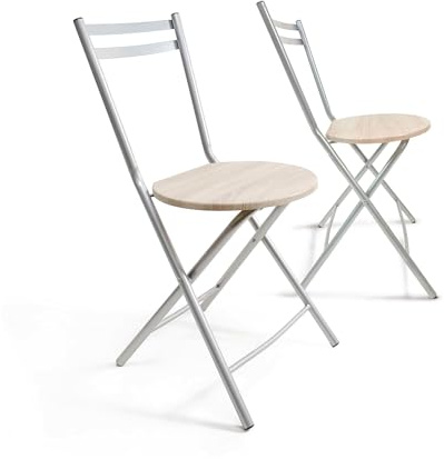 THE SECRET HOME - Silla Plegable de Cocina con Respaldo - Silla de Metal con Base de Madera - Silla Apta para Interior y Exterior - Alto: 80 cm x Largo: 40 cm (2, Madera Clara/Plata, 40x80x40 cm)