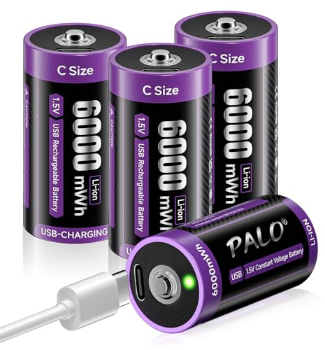 Mspalocell Batteria 1,5V C USB-C Batteria Ricaricabile Lr14 1,5V 6000mWh Batteria Litio Tipo C a Ricarica Rapida con Cavo Ricarica, Autoscarica Bassa, 1500+ Cicli, con Luce Ricarica, 4 Pile C