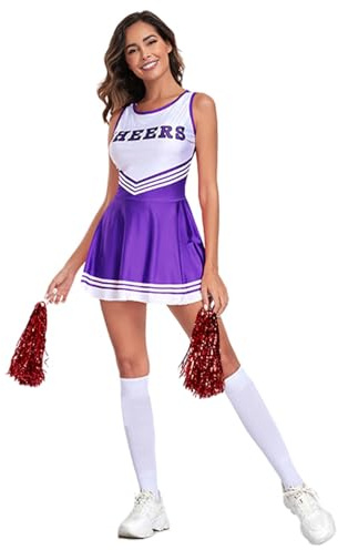 Cheerleader Costume Women's Adult Costume Cheerleader School Girl Cheerleading Outfit Fancy Dress Uniform Cheerleading Outfit Pompoms and Socks Party Dress for Carnival Theme Party
