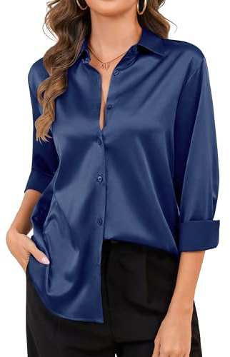 BBIBBI Womens Satin Blouse Button Down Long Sleeve Dress Shirt Work Blouses Dressy Business Casual Tops Navy Blue M