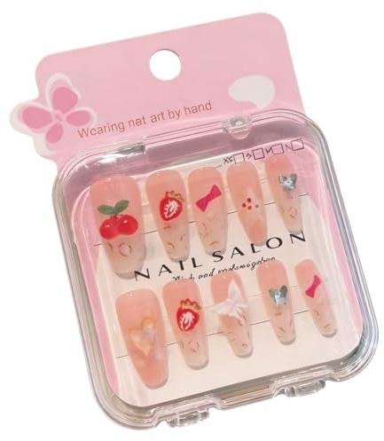 FEIFEI'S BOW 12Pcs 1 Pack Children Acrylic Fake Nails Press on Pre-glue Full Cover Glitter Color Rainbow Kids Stick On False Nail Art Kits Set Girls Birthday Gift (Cherry Long nails 12pcs)