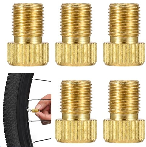 Ousuwo Paquete de 5 adaptadores de válvula de tapón antipolvo, convertidor de válvula francesa a válvula Schrader con anillos de sellado, kit adaptador de válvula de bicicleta de latón para bicicletas