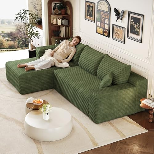 Sapgaks Canapé d'angle en L Moderne 241 cm,canapé 3 Places en Velours côtelé avec Assise Profonde et Angle intégré,canapé Convertible modulaire,Vert
