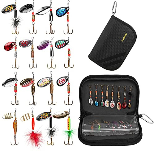PLUSINNO 16-teiliges Angelköder-Set mit tragbarer Tragetasche, Barsch, Forelle, Lachs, Hartmetall, Spinnköder-Set