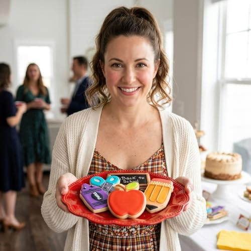 Ann Clark Cookie Cutters Juego de 5 cortadores de galletas vuelta al cole/agradecimiento a los maestros con libro de recetas, lápiz, tijeras, manzana, cera y rectángulo