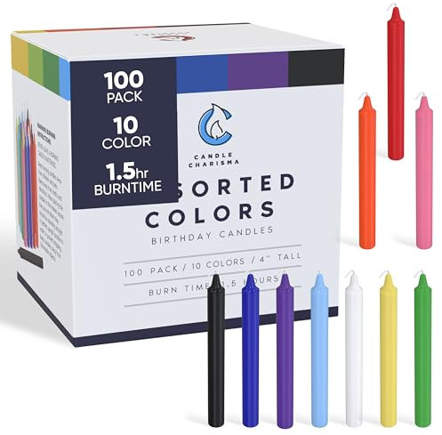 Candle Charisma 100 Multi-Colored Spell Candles - 4 Unscented Paraffin Chime Candles, Smokeless & Dripless, Colored Candles, Long Burn Time 0.43 Thick Taper Candles for Rituals, Witchcraft & Parties