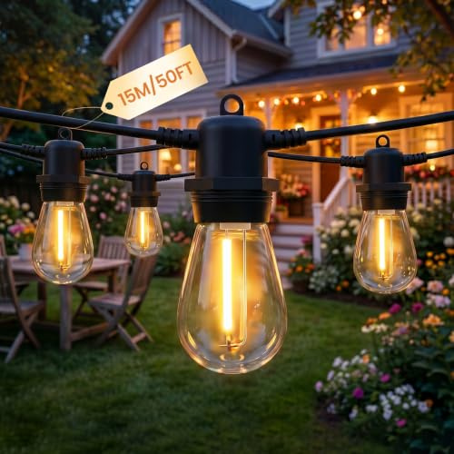 Bomcosy Guirnalda Exterior 15M S14 IP65,15+1 Bombillas Inastillables