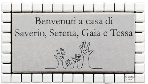 GUIZZO Creart - Targa Personalizzata Nomi/Via in Ceramica, Personalizzata Modificabile Cornice in Mosaico, Targhetta Porta Ingresso Made in Italy, 17x9Hcm Bianco/Grigio Chiaro