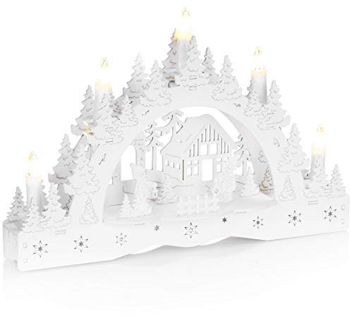 com-four® LED Kerzenbrücke, Schwibbogen als Weihnachtsbeleuchtung - Winterlandschaft aus Holz mit 5 LEDs - dekorativer Lichterbogen Holz-Pyramide [Auswahl variiert] (01 Stück - 5 LEDs)