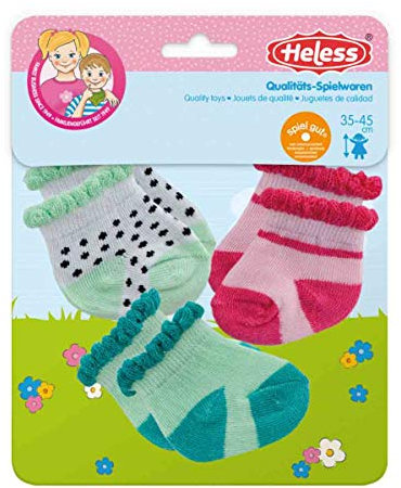 Heless 173 - Söckchen für Puppen, in den Farben mint, rosa und mit schwarz-weißen Pünktchen, 3 Paar, Größe 35 - 45 cm
