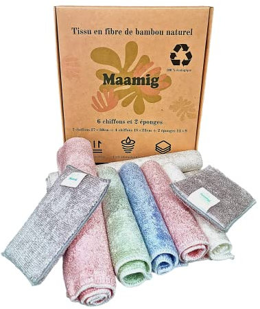 MAAMIG Kit 8 pièces - 6 Chiffons et 2 éponges en Microfibres Bambou Naturel – Lavables et faciles à Utiliser – Meilleure qualité Que Les lingettes Classiques – Couleurs Mixtes