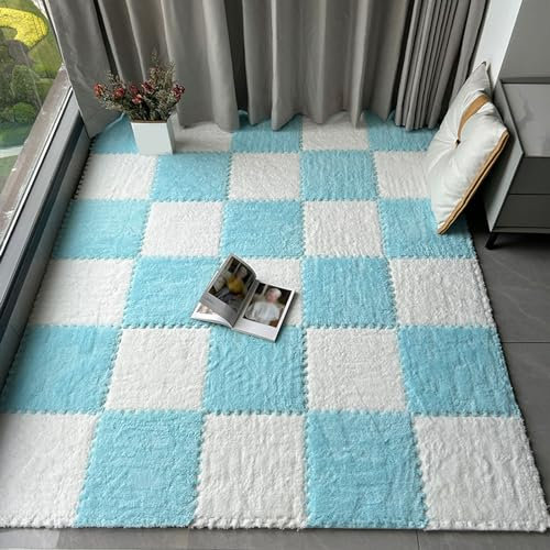 60 Stück flauschige Plüsch-Puzzle-Schaumstoff-Bodenmatte, Puzzle-Teppich, ineinandergreifende Teppichfliesen, 0,6 cm und 0,9 cm dick, 30,5 cm (1 Zoll), Farbe: Hellblau + Weiß