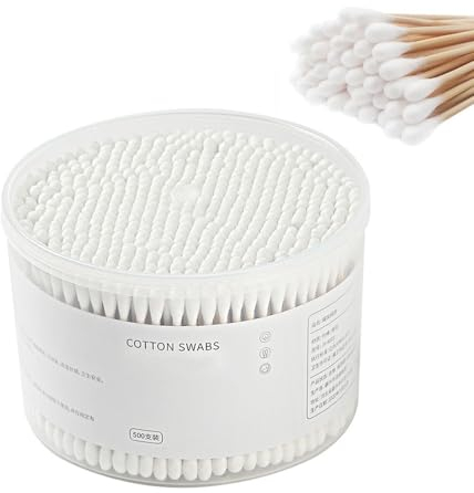 500 Stück Bambus Wattestäbchen - 100% Baumwolle Ohrenstäbchen, Wattestäbchen mit doppelt gerundeter Spitze, Natürlich Organisch Bambusstab mit Wiederverwendbarer Feuchtigkeitsbeständiger Behälter