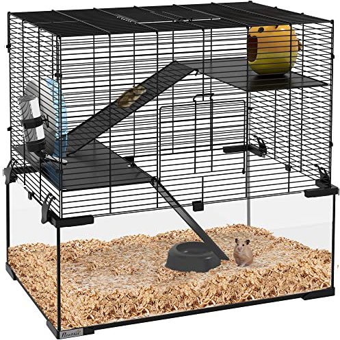 PawHut Jaula para Hámster Casa para Animales Pequeños con Fondo de Vidrio Plataformas Cuenco Bebedero Casita Rampas y Rueda de Ejercicio 60x40x54,5 cm Negro