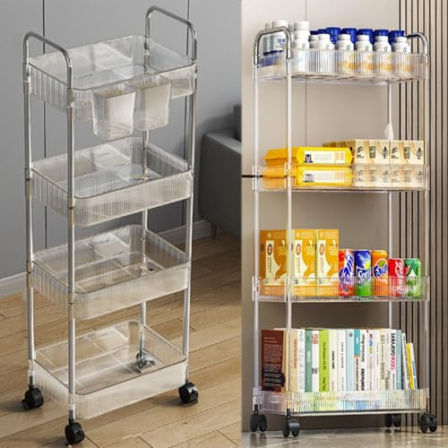 FGXY Chariot De Rangement à 4 Niveaux, Kitchen Storage Utility Cart, Roulettes En Plastique Verrouillables, Gobelets Suspendus Supplémentaires, Pour Cuisine, Salle De Bain, Chambre, Espace Étroit