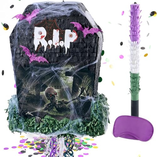 WERNNSAI Tombstone Pinata - Halloween Party Decorations Gravestone Halloween Pinata with Blindfold Stick Confetti Spider Web for Spooky Party Decor Trick or Treat Game Scary Outdoor Decorations Tombst