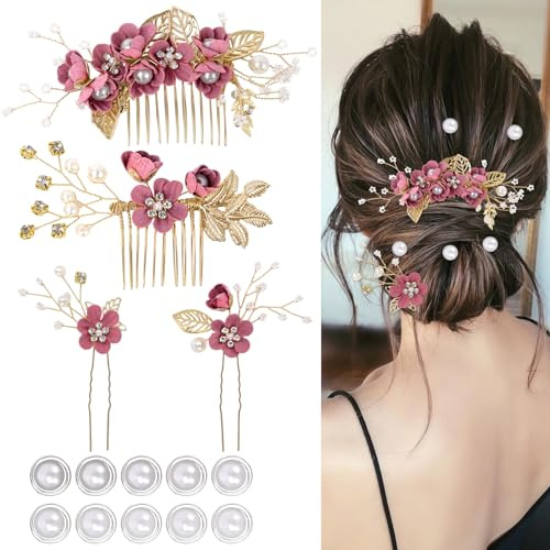Lot de 4 accessoires pour cheveux de mariage, épingles à cheveux en forme de fleur, 10 épingles à cheveux en spirale avec perles pour mariées, demoiselles d'honneur, femmes et filles (Rouge)