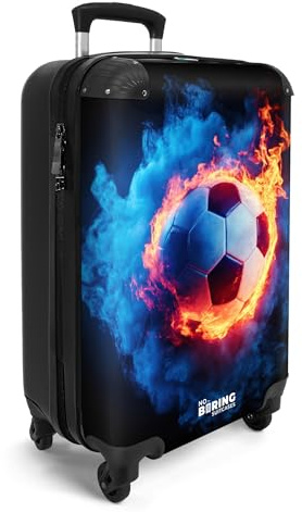 NoBoringSuitcases.com® Handgepäck Koffer Kinder 55x35x20 cm Kinderreisekoffer Kinderkoffer mit Roller Leicht Cabin Trolly Hartschalenkoffer Kind Fußball - Feuer - EIS