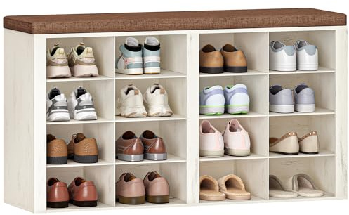 Hzuaneri Banco Zapatero, Mueble Zapatero con Acolchado, 16 Compartimentos, 30 x 104 x 59 cm, para Salón, Pasillo, Dormitorio, Blanco Marrón SB25614KA