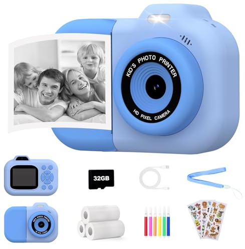 Cámara de Fotos Infantil Instantánea para Niños y Niñas, Ideal Maquina fotografia con 3 Rollos de Papel, Pegatinas， Tarjeta SD de 32 GB, Juguete Creativo para Edades de 4 a 12 Años
